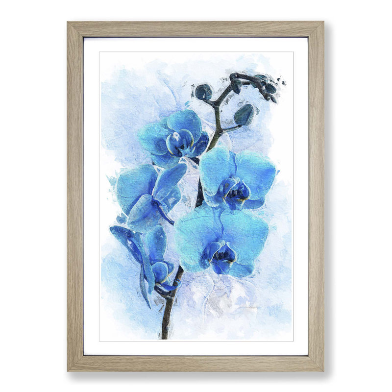 Beautiful Blue Orchids in Abstract - Picture Frame Painting Print on MDF, 87cm H x 62cm W x 2cm D, Oak Framed