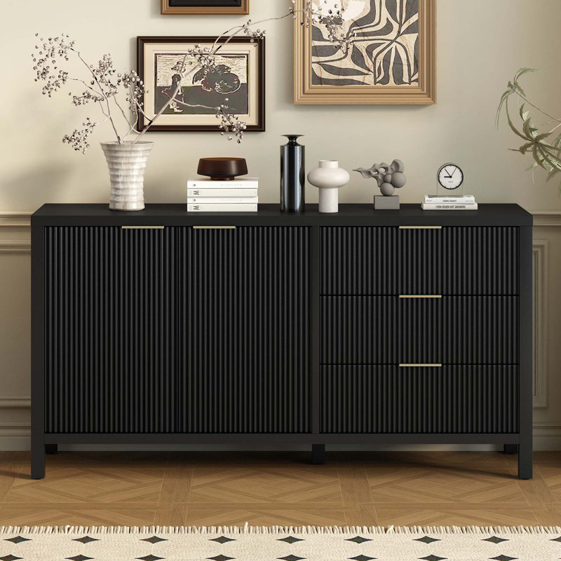 60"W Minimalist Wave-Pattern Sideboard With Functional Storage, Black