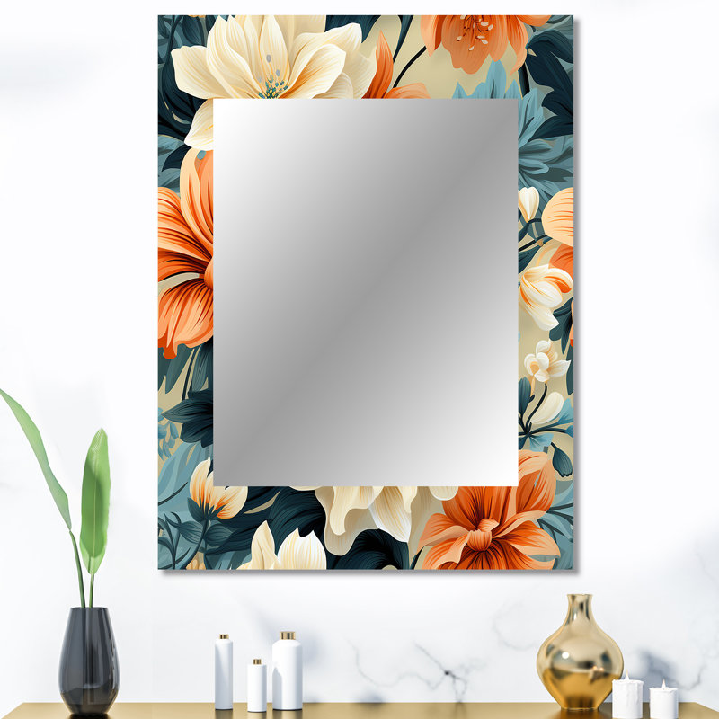 Warm Terracotta And Blue Floral Botanical Pattern - Floral Wall Mirror, Cottage Decorative Mirror, Printed Metal Art