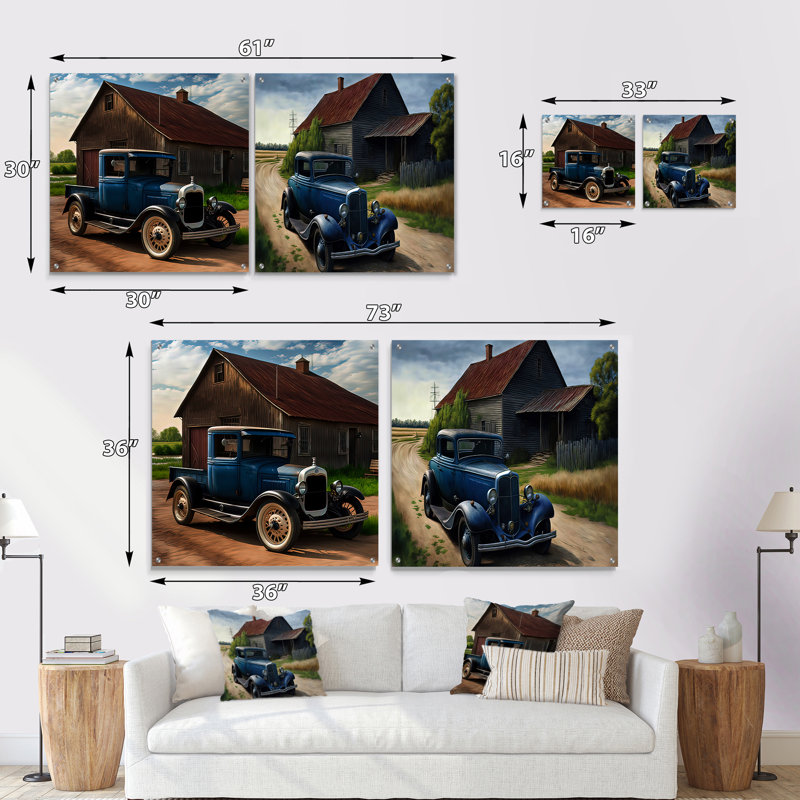 30S Ford Car In Barn II - Car Old American, ensemble de 2 peintures murales en acrylique, H 16 po x l 33 po