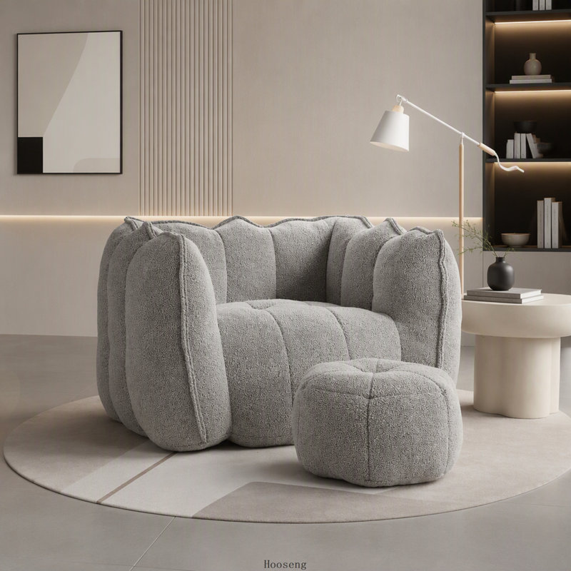 Pouf carré moelleux avec repose-pieds et mousse haute résilience pour jouer, lire et regarder la télévision, Chenille gris