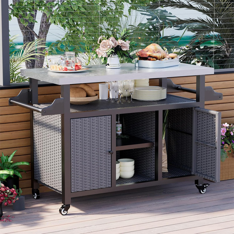 Outdoor Wicker Bar Cart With Rattan Storage Cabinet For Patio