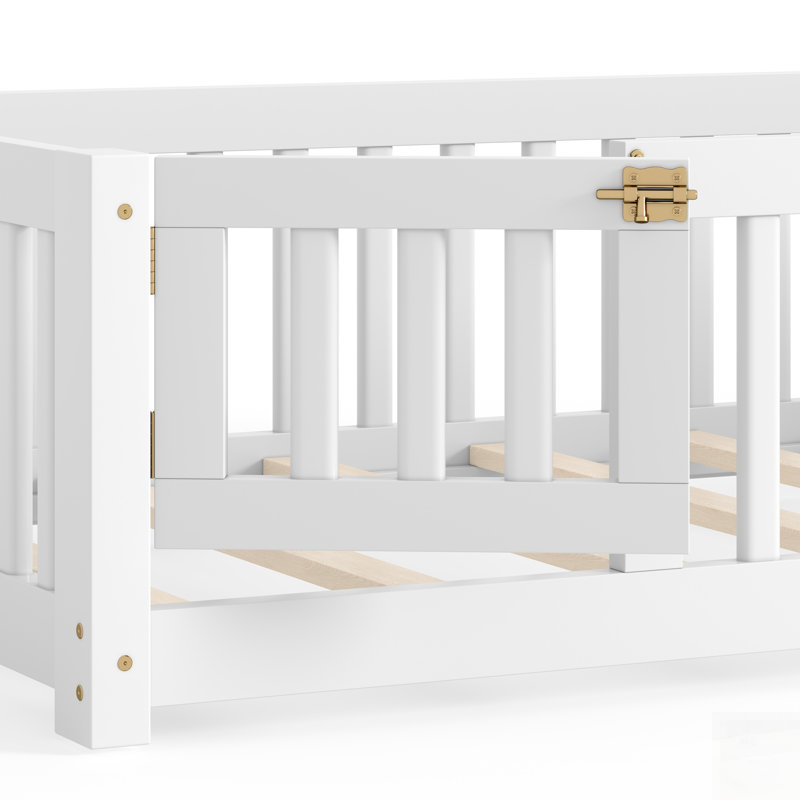 Lit au sol avec barrières de sécurité et porte pour enfants, parfait pour un sommeil sécuritaire et indépendant, Twin, White