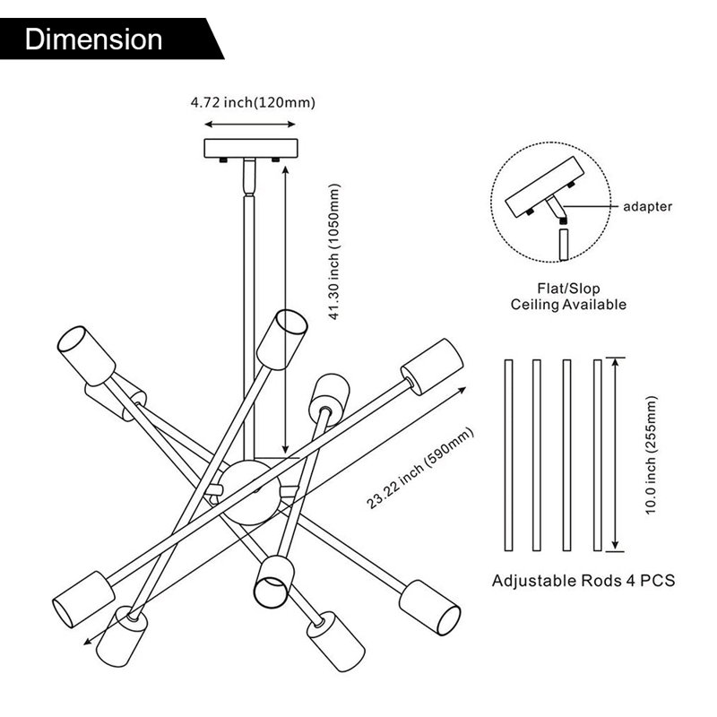 Lustre spoutnik 10 lumières en chrome fin avec bras réglables