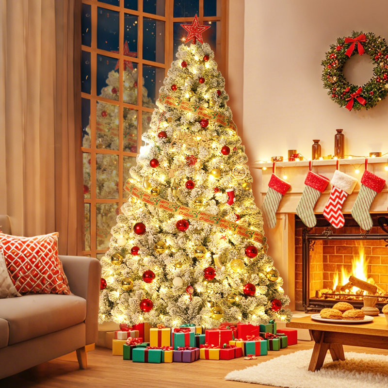 Arbre de Noël pré-éclairé avec 150 lumières blanches chaudes, 8 modes d'éclairage, pédale marche / arrêt facile, support pliable