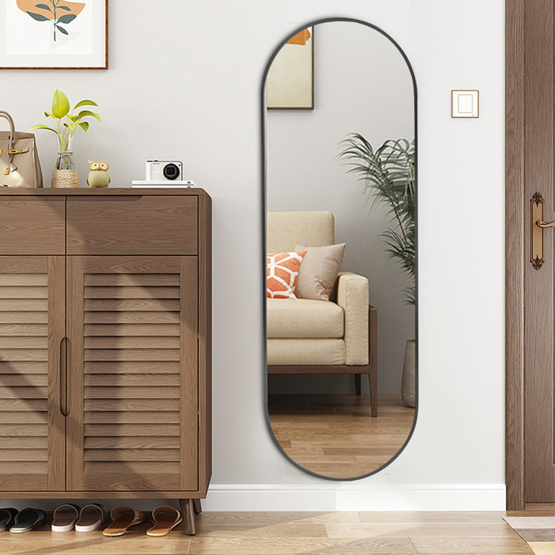 Lottie Oval Metal Framed Wall Mounted Full Length Mirror, Black, 150cm x 40cm