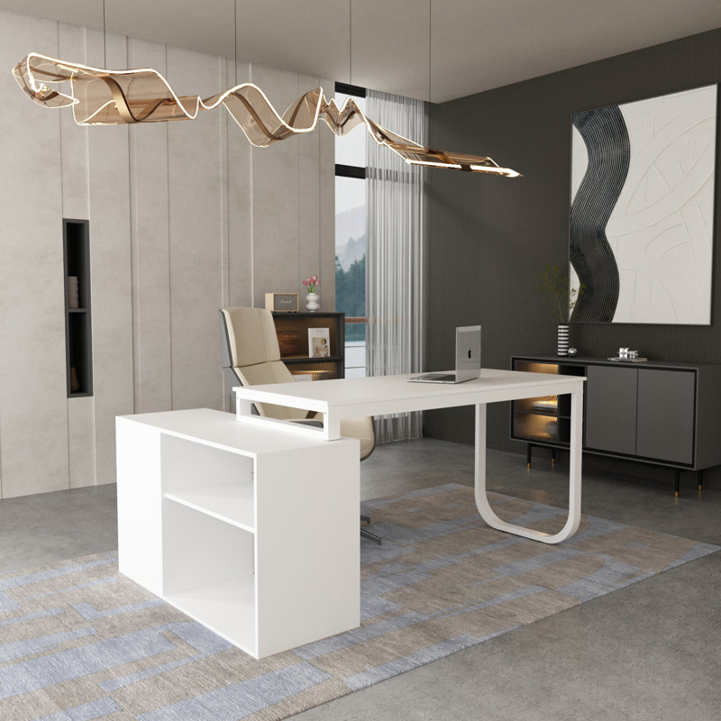Venancia L-Shaped Writing Desk, White/White