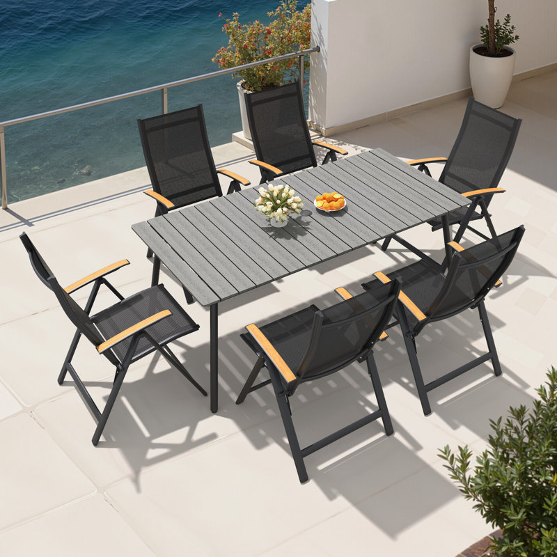 6-Person Outdoor Dining Set with Aluminum Frame  and Folded Reclining Armchairs, 29.13" H x 70.9" L x 33.1" W, Gray
