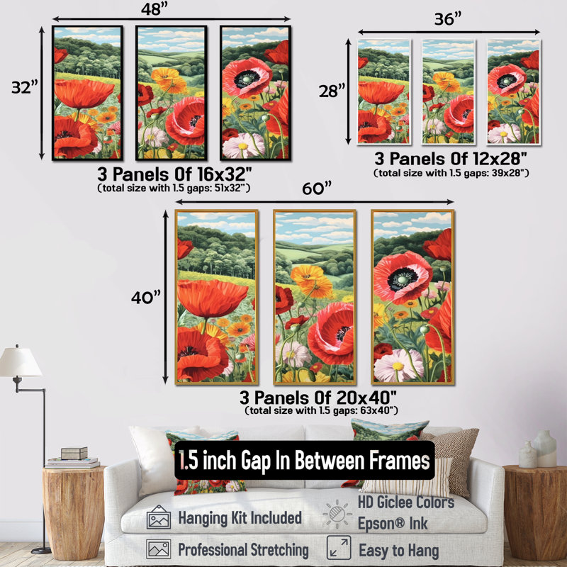 «Vibrant Red Poppy Field Dreams», ensemble d'art sur toile coquelicot, Cadre naturel flottant, H 32 po x l 48 po x P 1 po