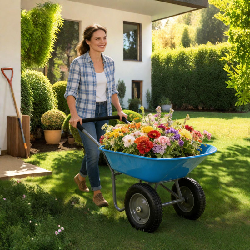 Brouette à plateau en acier avec deux roues pneumatiques de 15 pouces pour le jardinage