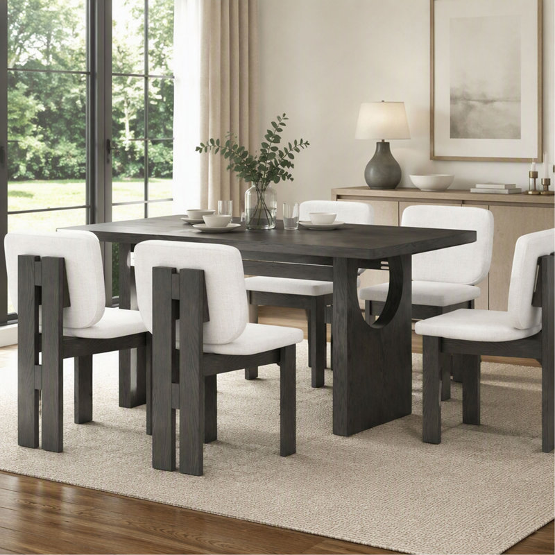 Ensemble de salle à manger rétro 7 pièces pour 6 personnes avec table en bois de 152 cm, chaises rembourrées et piètement à tréteaux, pour cuisine et salle à manger