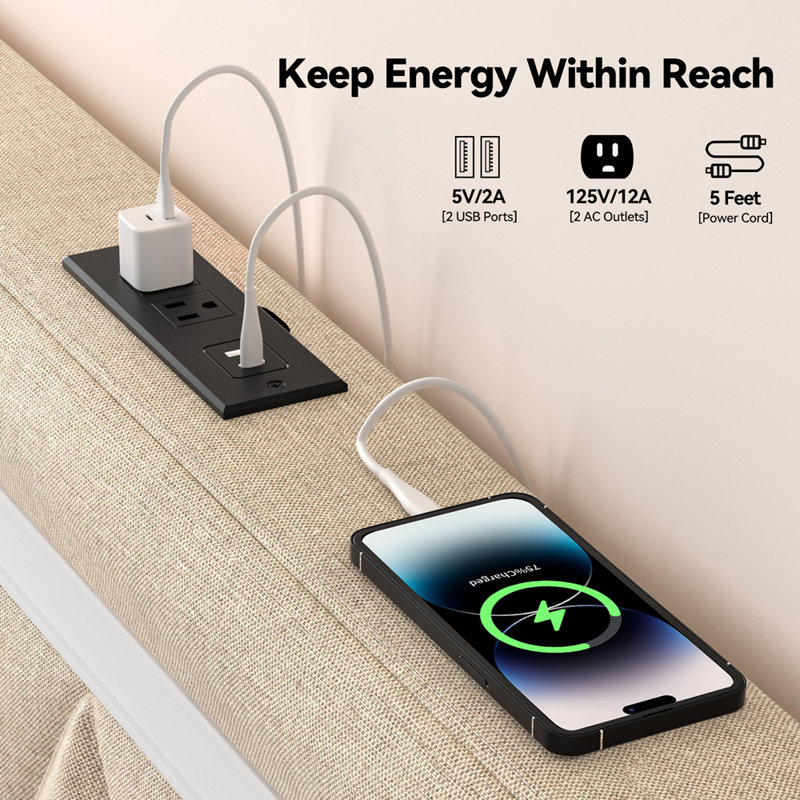 King Bed Frame with Charging Station & LED Lights,Noise Free,Beige, King