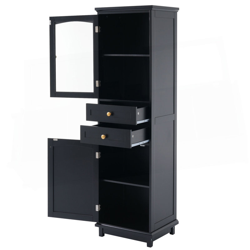 63" Tall Bathroom Storage Cabinet With Glass Doors, Free-Standing, Two Drawers, And Adjustable Shelves, MDF Board, Painted Black - Perfect For Displaying Your Favorite Items