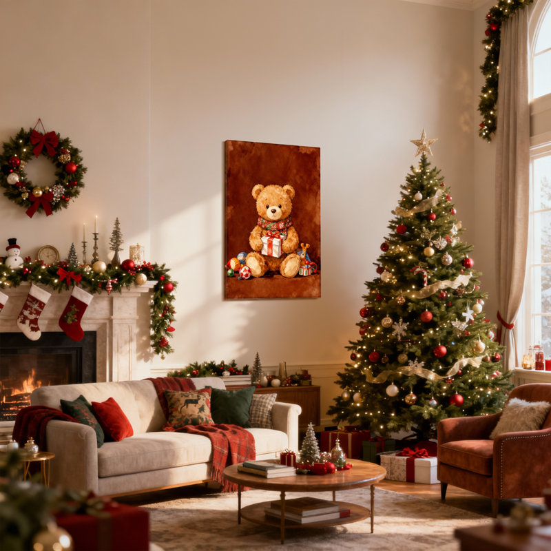 Ours en peluche de Noël tenant un cadeau avec des décorations de Noël, ensemble de 3 impressions sur toile, H 18 po x l 12 po