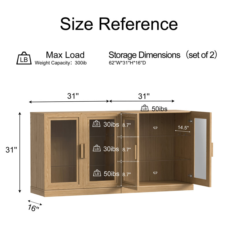 Wood Sideboard Storage Buffet 2 Doors Buffet Cabinet, 31" H x 62" W x 16" D, Natural Color