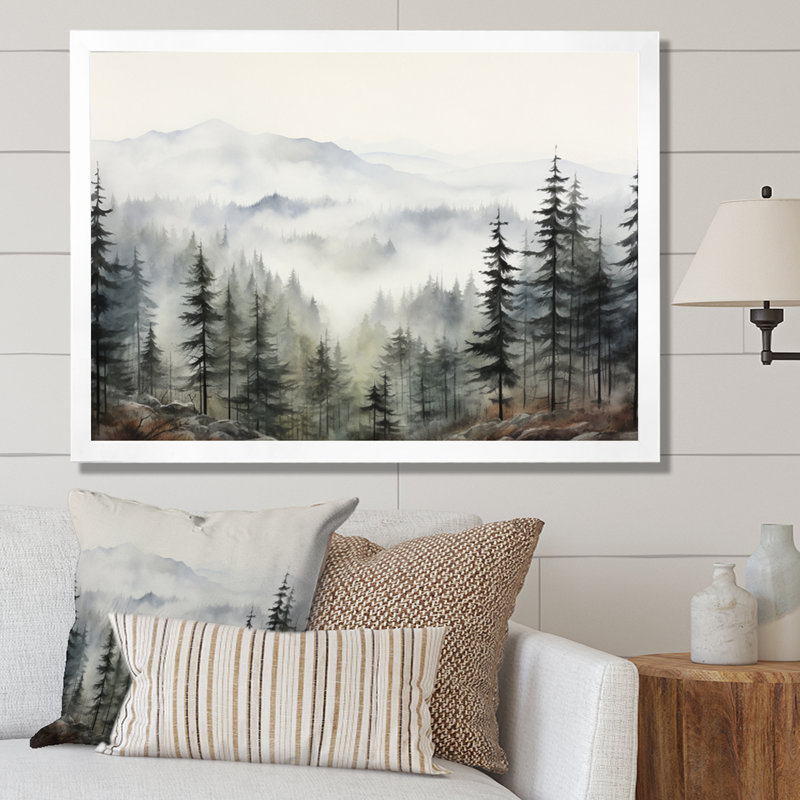 «Pine Misty Mountain II» sur toile, Cadre photo unique, H 34 po x l 44 po, Blanc