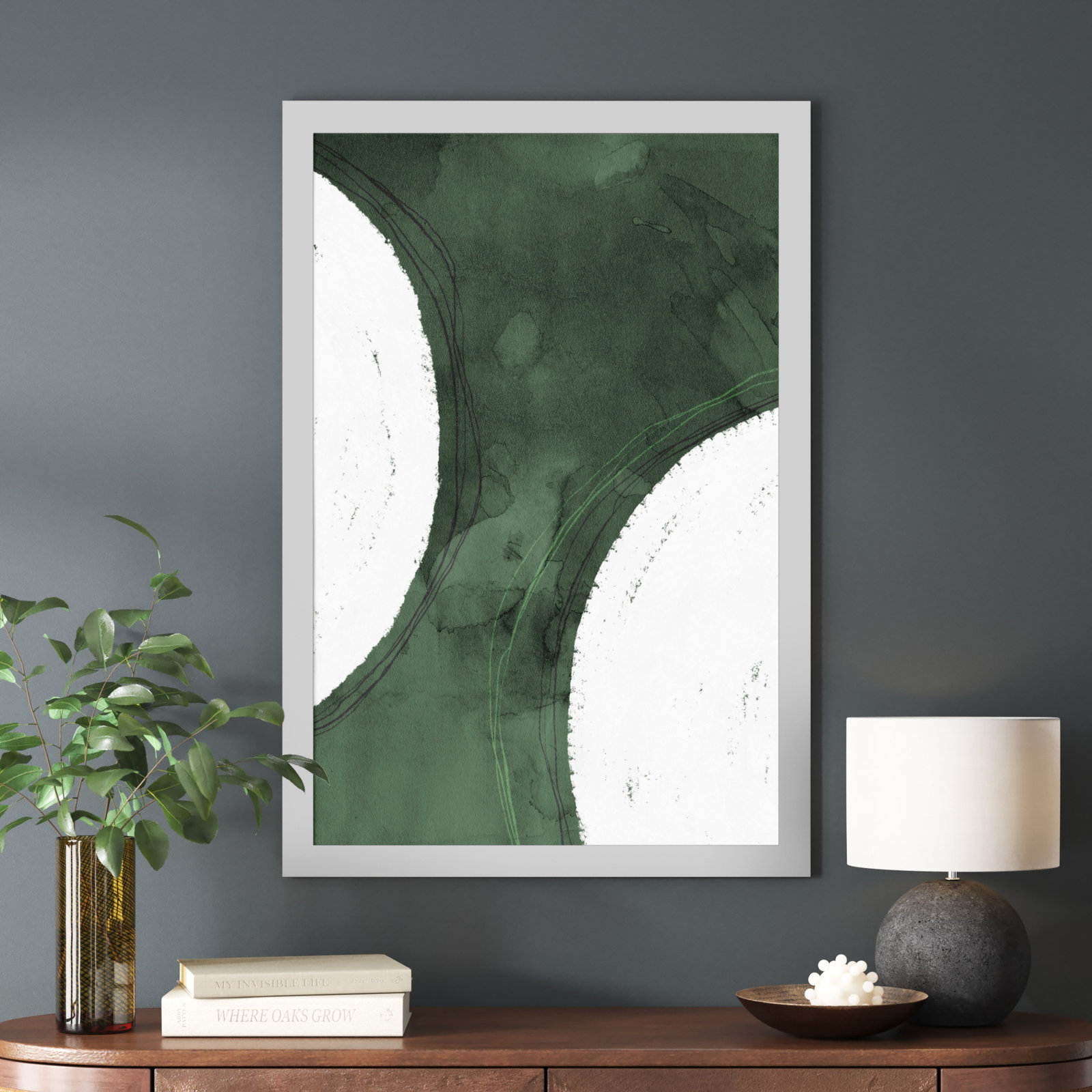 Green Moon Painting by Oliver Gal, 47" H x 32" W x 0.5" D, Silver