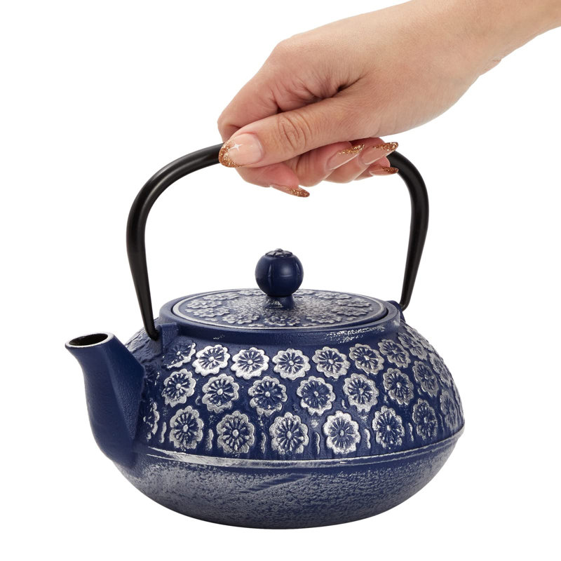Blue Floral Cast Iron Teapot with Stainless Steel Infuser, 34oz