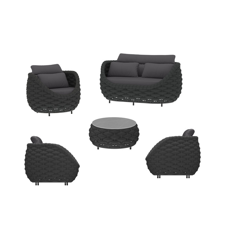 Fully Assembled Altuminum Frame PVC-coated polyester Rope  6 - Person Outdoor Seating Group With Cushions And Round 14.2'' Coffee Table with Pattern Tile Tabletop for Patio Porch Balcony Terrace Garden
