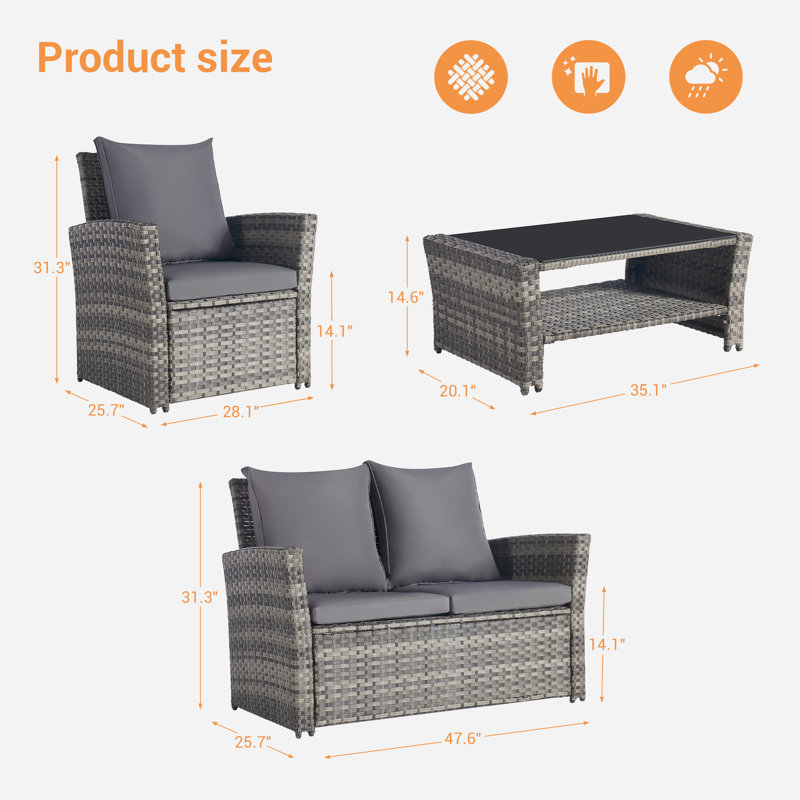 Wicker 4 - Person Patio Conversation Set, Gray