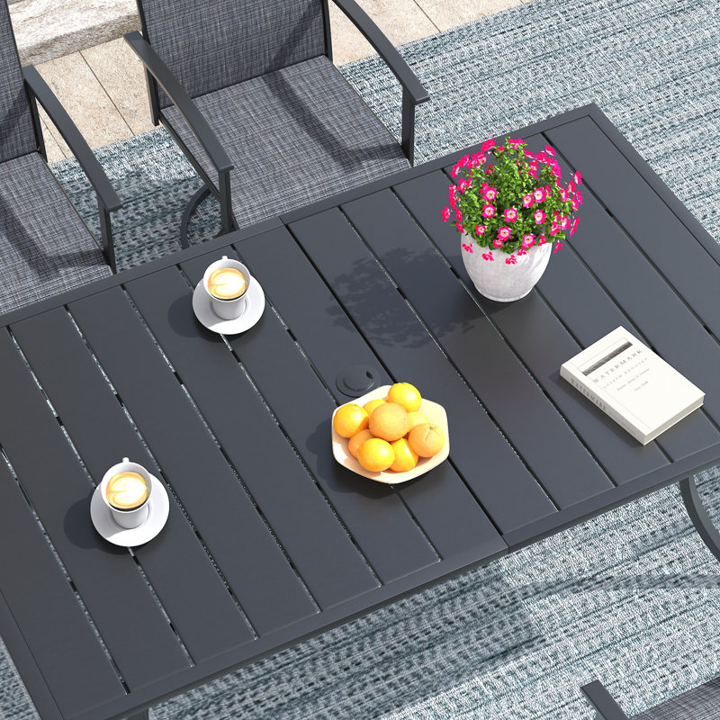 6-Person Rectangular Patio Dining Set With Umbrella & Textilene Swivel Chairs, Black/Blue