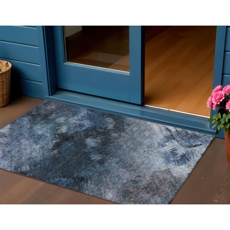 Tapis extérieur lavable abstrait bleu marine et bleu denim 3 pi x 5 pi