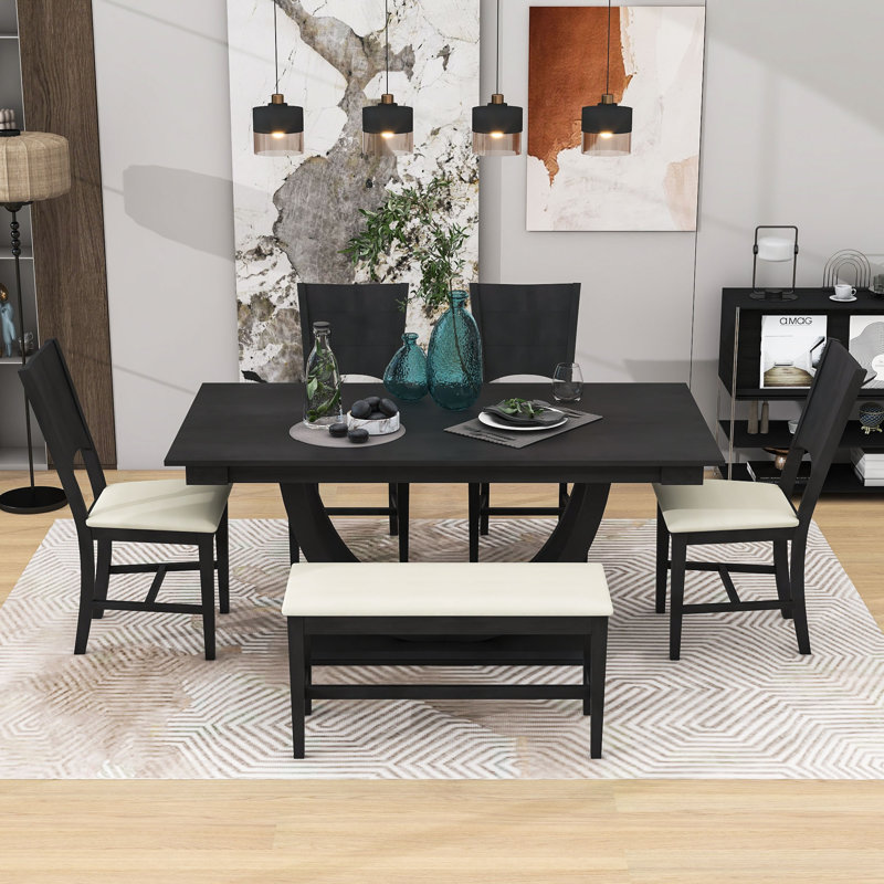 Raheema Modern 6-Piece Dining Set with Rubberwood Table, Upholstered Chairs and Bench, Gray, Gray/Beige, Gray