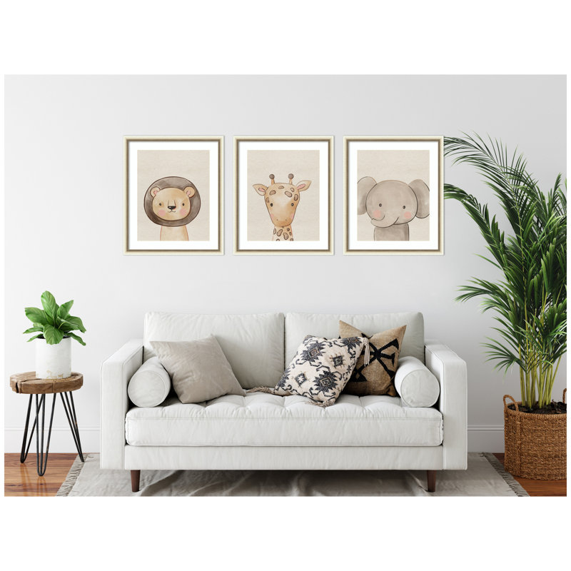 «Baby Animal Portrait», ensemble de 3 reproductions d'art encadrées par The Creative Bunch Studio, Blanc vieilli Castellan