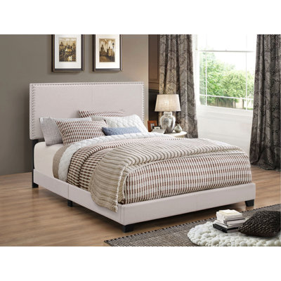 King Size Panel Bed, Upholstered With Nailhead Trim, Plywood And Structure, Box Spring Required, Multiple Fabric Choices Adornment, Robust Wood Frame, Needed, Various Colour Selections