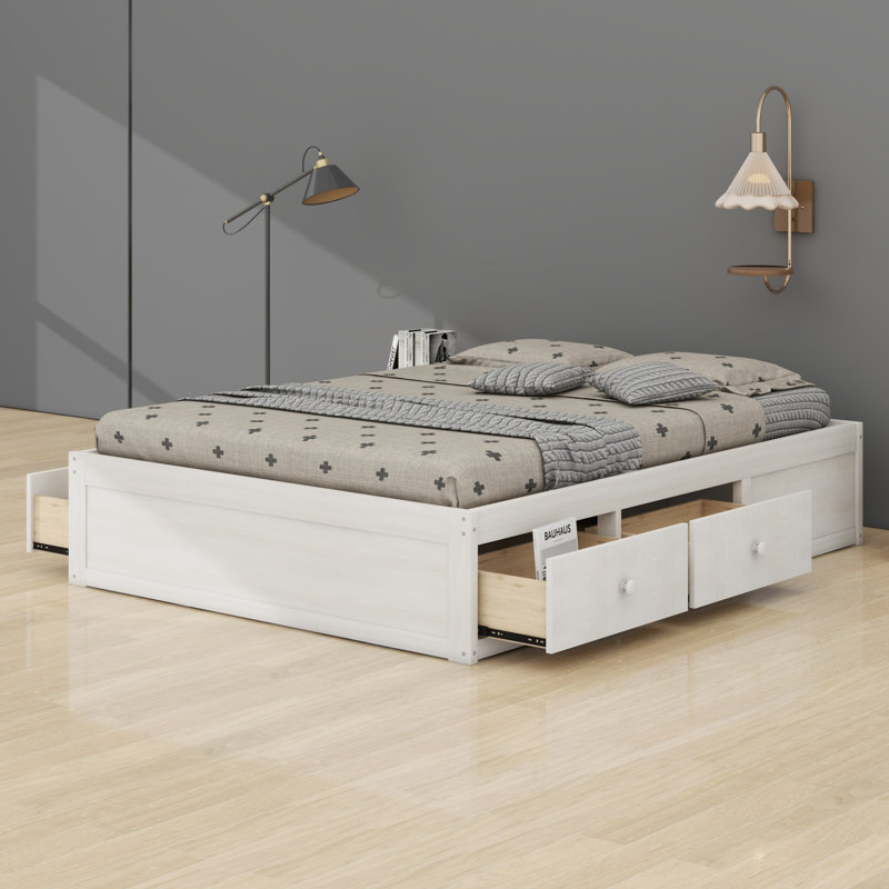 Base de lit plateforme avec rangement spacieux: 4 tiroirs + casier au pied de lit, sans tête de lit, Antique White