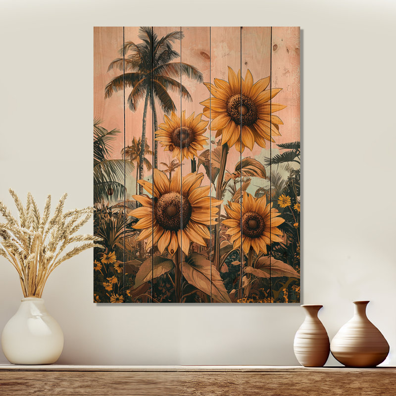 Tropical Sunflowers Field In The South I - Sunflowers Wood Wall Art - On Natural Pine Wood, 40" H x 30" W x 0.78" D