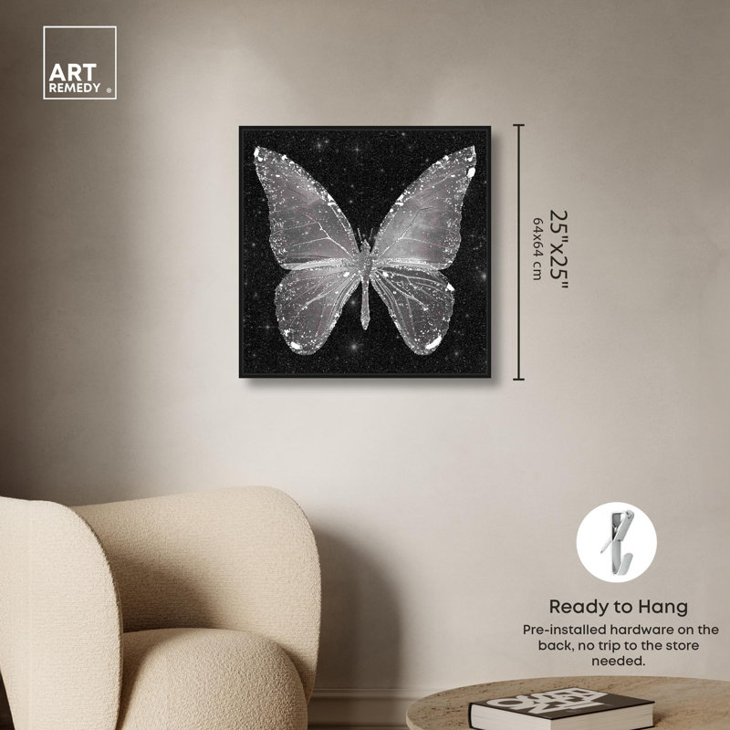 «Sparkling Silver Butterfly» par Art Remedy, H 25 po x l 25 po x P 1,8 po, Cadre flottant noir