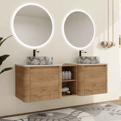 Greythor 60'' Wall-Mounted Double Bathroom Vanity With Ceramic Sink & Storage Shelves,60'' Double Bathroom Vanity Set With Engineered Stone Top