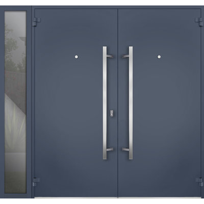 Porte d'entrée extérieure prémontée en métal Deux 0729 Gris graphite avec insert en acier inoxydable et imposte latérale, style moderne peint, ouverture vers l'intérieur à droite, 88 x 80