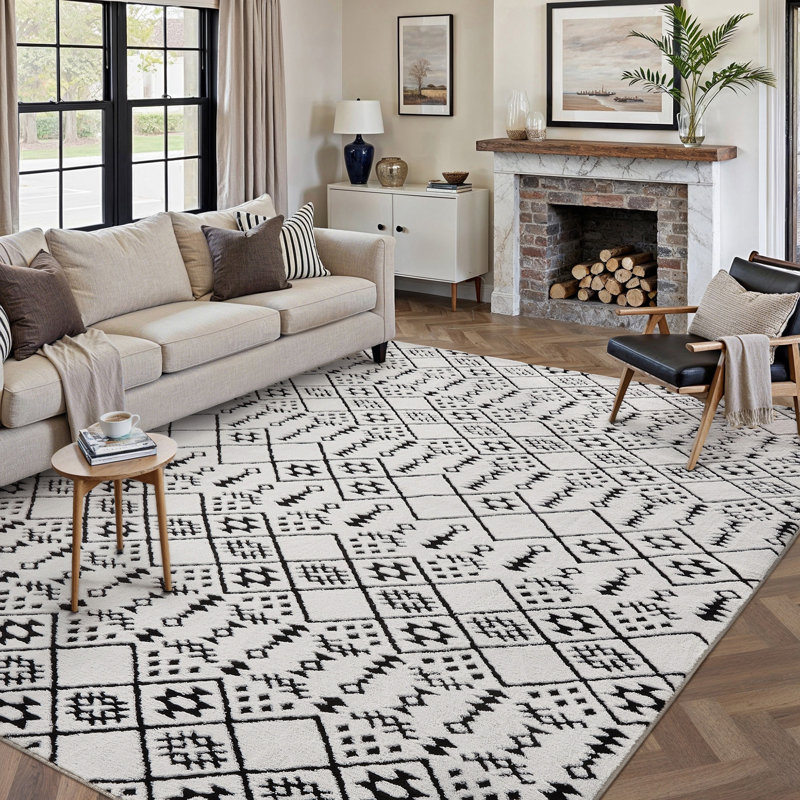 Zephyr Weave Geometric Area Rug in Black, Rectangle 6' x 9', Black