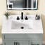 Plan de toilette en surface solide de 76 cm (30 po) de largeur × 56 cm (22 po) de profondeur, avec lavabo central simple intégré, comptoir de salle de bain blanc, dosseret de 9 cm (3,5 po) et 3 trous pré-percés pour robinetterie à entraxe de 20 cm (8 po).