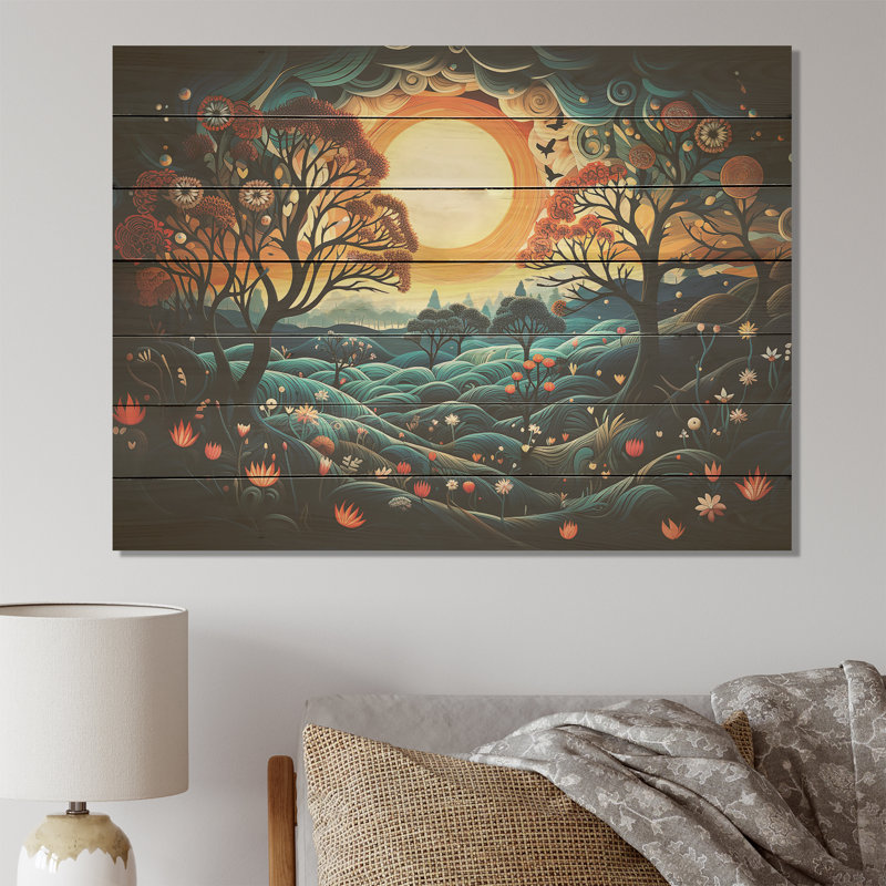 «Blue Horizon Of Heart Trees Landscape II» - impression d'arbre sur bois, H 34 po x l 44 po x P 0,78 po