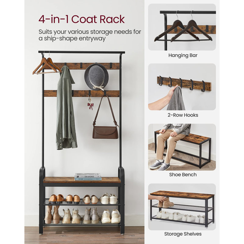 Entryway Bench With Coat Rack, 4-In-1, With 9 Removable Hooks, A Hanging Rod, 13.3 X 33.1 X 72.1 Inches, Rustic Brown And Black