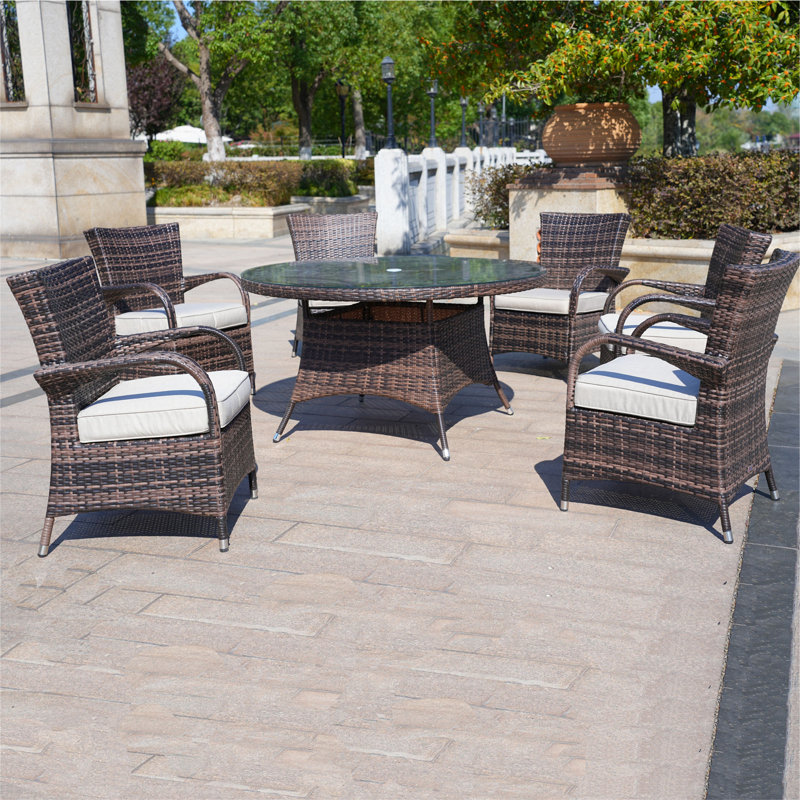 Brown 7-Piece Wicker Patio Dining Set with Round Table and Cushioned Seating, Brown/Beige