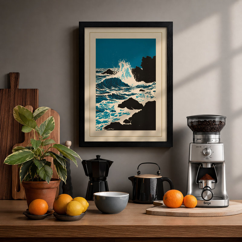 Wave Against Stone Coastal - Print, A2 - 59.4 x 42.0 cm, Black