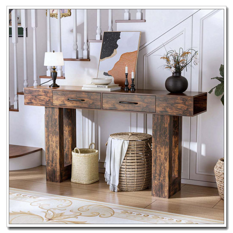 Console de 63 pouces de long avec canapé rectangulaire en bois derrière le canapé, Brun rétro