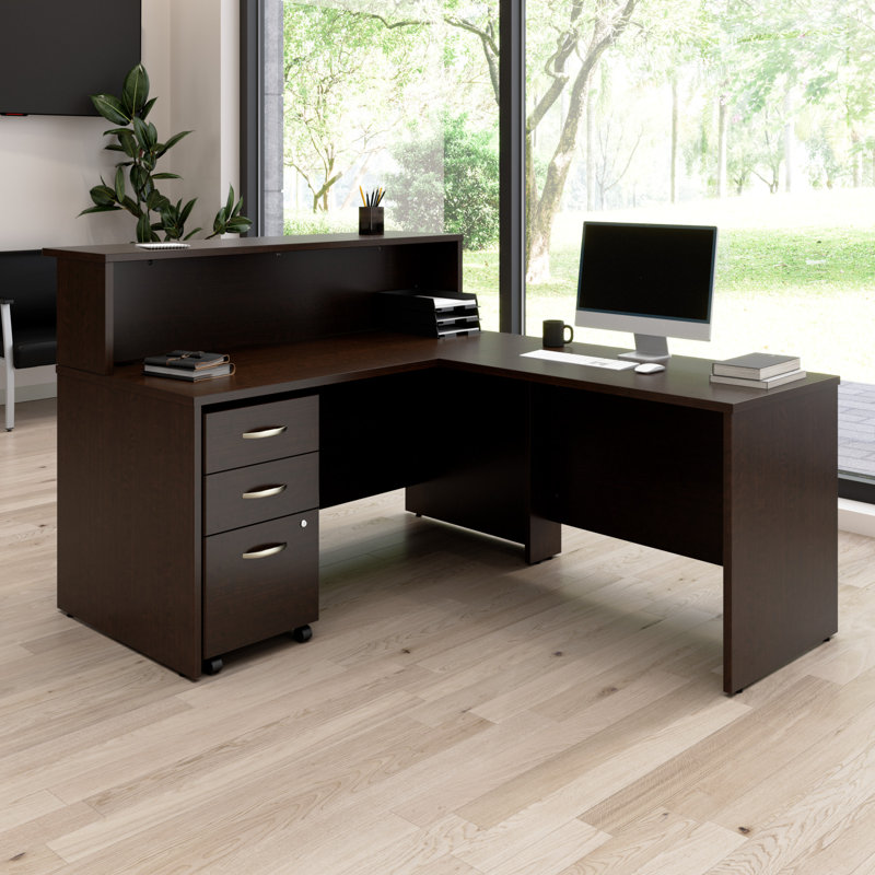 Bureau de réception en L avec caisson mobile à 3 tiroirs Arrive, Cerise mocha
