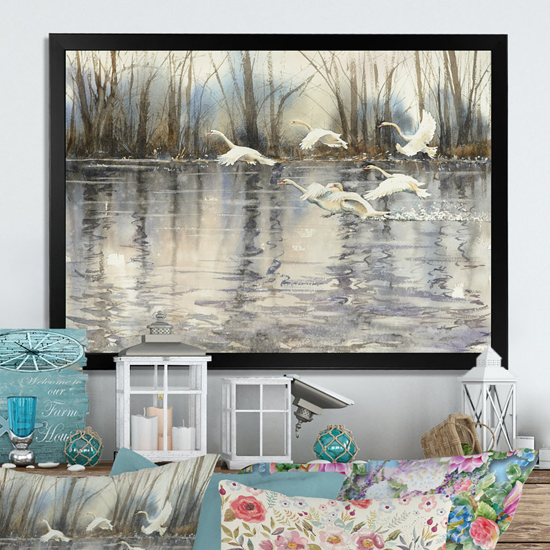 Cygnes blancs volant au-dessus d'un magnifique lac - reproduction d'art sur toile, Cadre noir, H 24 po x l 36 po x P 1 po
