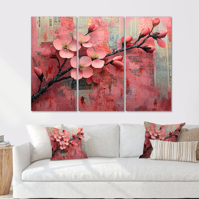 Fleurs de cerisier en rose et or II - ensemble de reproductions d'art mural cerisier en fleurs, Toile tendue