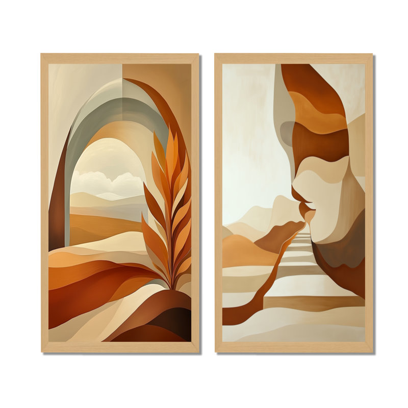 Formes bohèmes de la Terre en couches V - Affiche murale bohème abstraite en 2 pièces, 32" H x 32" W, Natural Picture Framed