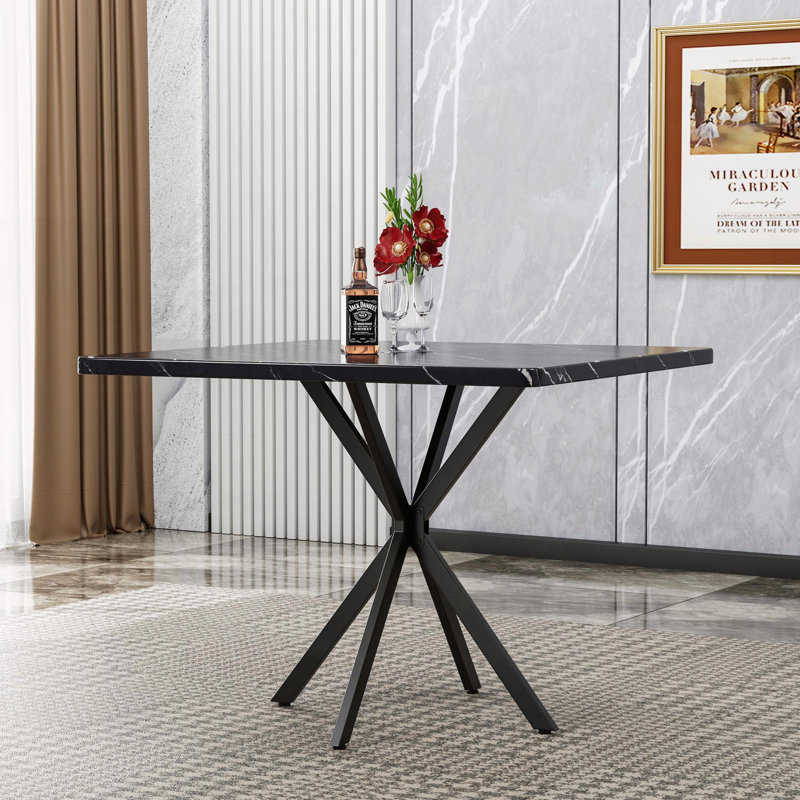 Table de salle à manger carrée en panneau de fibres à densité moyenne - plateau en faux marbre, 4 à 6 places (noir)