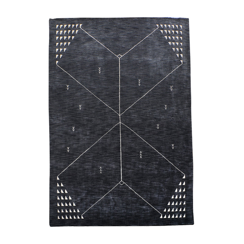 Tapis rectangulaires en laine nouée à la main - Rectangle | Gris anthracite | Tapis antidérapant fait à la main de conception géométrique et moderne à poils longs pour le salon