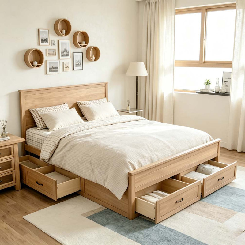 Base de lit en bois avec rangement à 6 tiroirs, lit plateforme avec support en lattes de bois, Dérive en mer