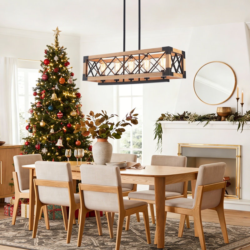 Daberechi 5 - Light 31.5'' Dimmable Rectangle Wood Metal Kitchen Island Chandelier,farmhouse Linear Pendant Light For Dining Room
