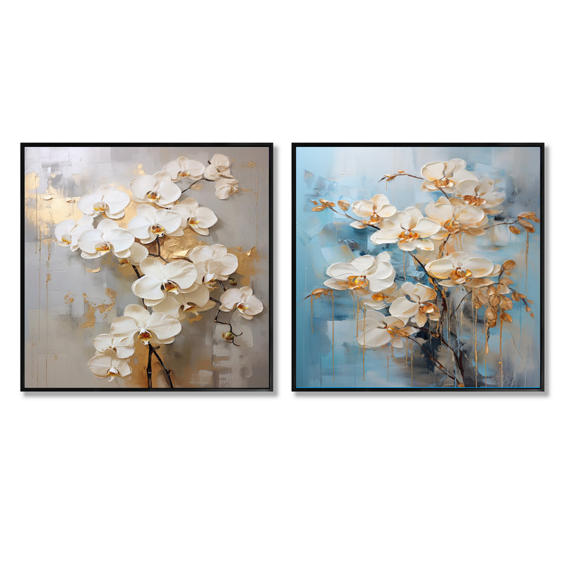 Minimalisme - Orchidées beiges et dorées - ensemble de 2 orchidées carrées, Cadre flottant noir, H 16 po x l 33 po